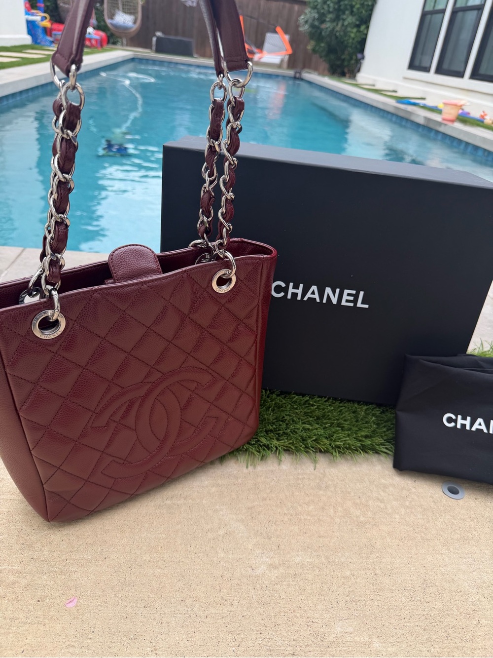 Auth CHANEL Petite Shopping Tote PST Shoulder Matelasse Caviar Silver Hardware